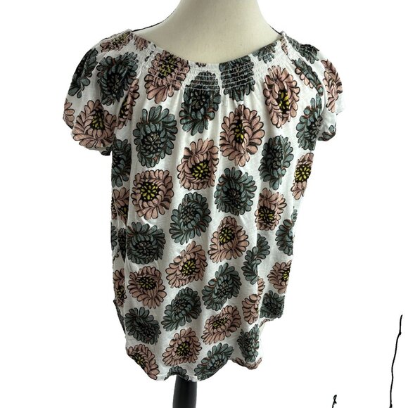 Loft Womens M Floral Short Sleeve Peasant Blouse Top White Pink Green - Picture 4 of 6